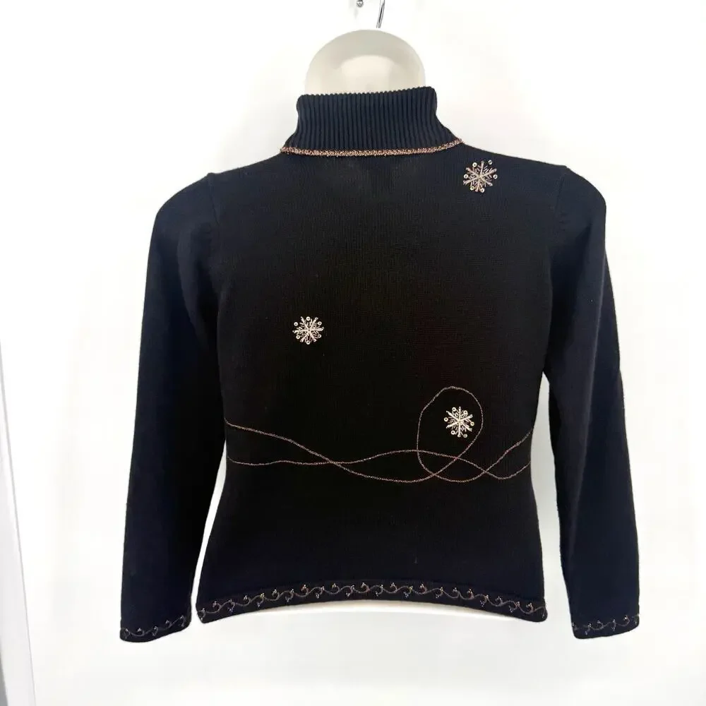 Vintage Talbots Festive Black Christmas Holiday Sweater Size Large Turtle Neck